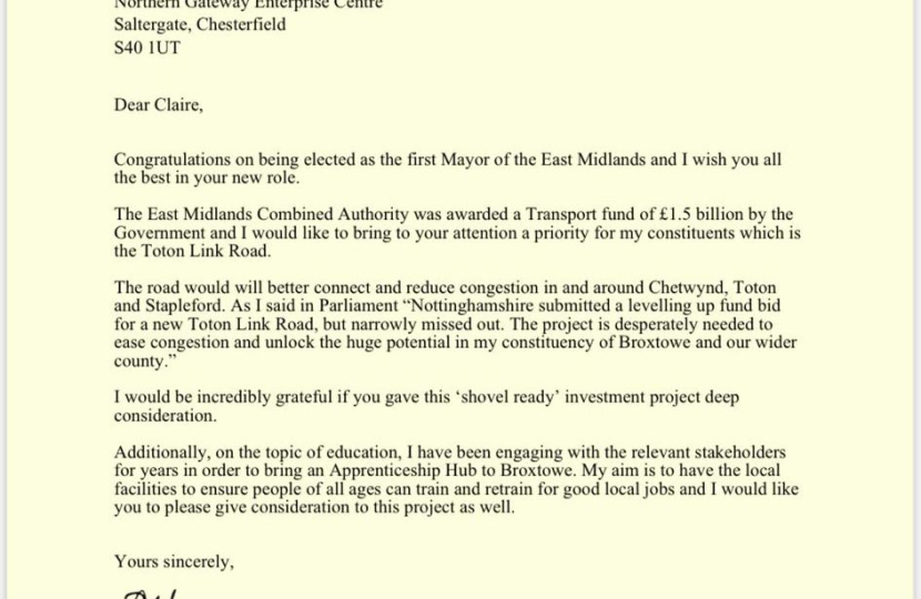 Darren Henry MP writes to the new Mayor of the East Midlands