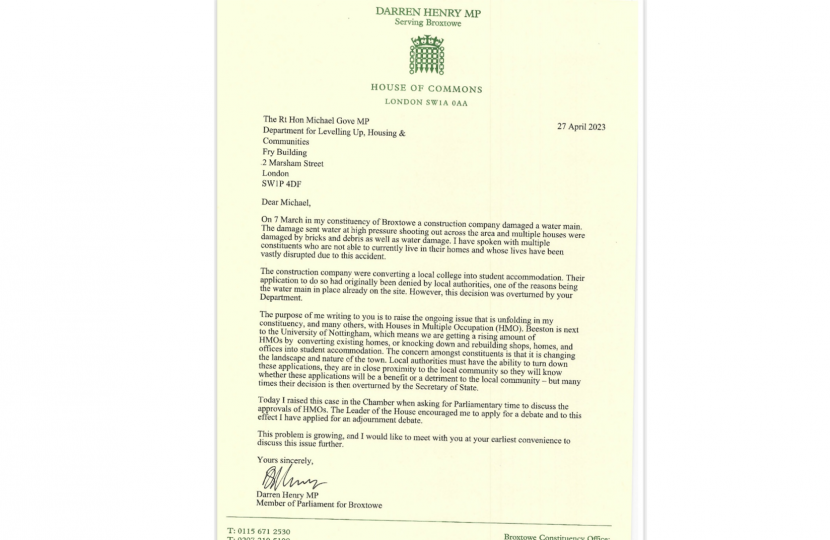 Darren Henry MP's letter to the Secretary of State for Levelling Up, Housing and Communities