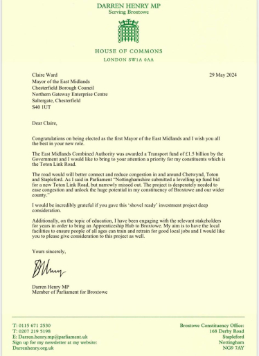 Darren Henry MP writes to the new Mayor of the East Midlands